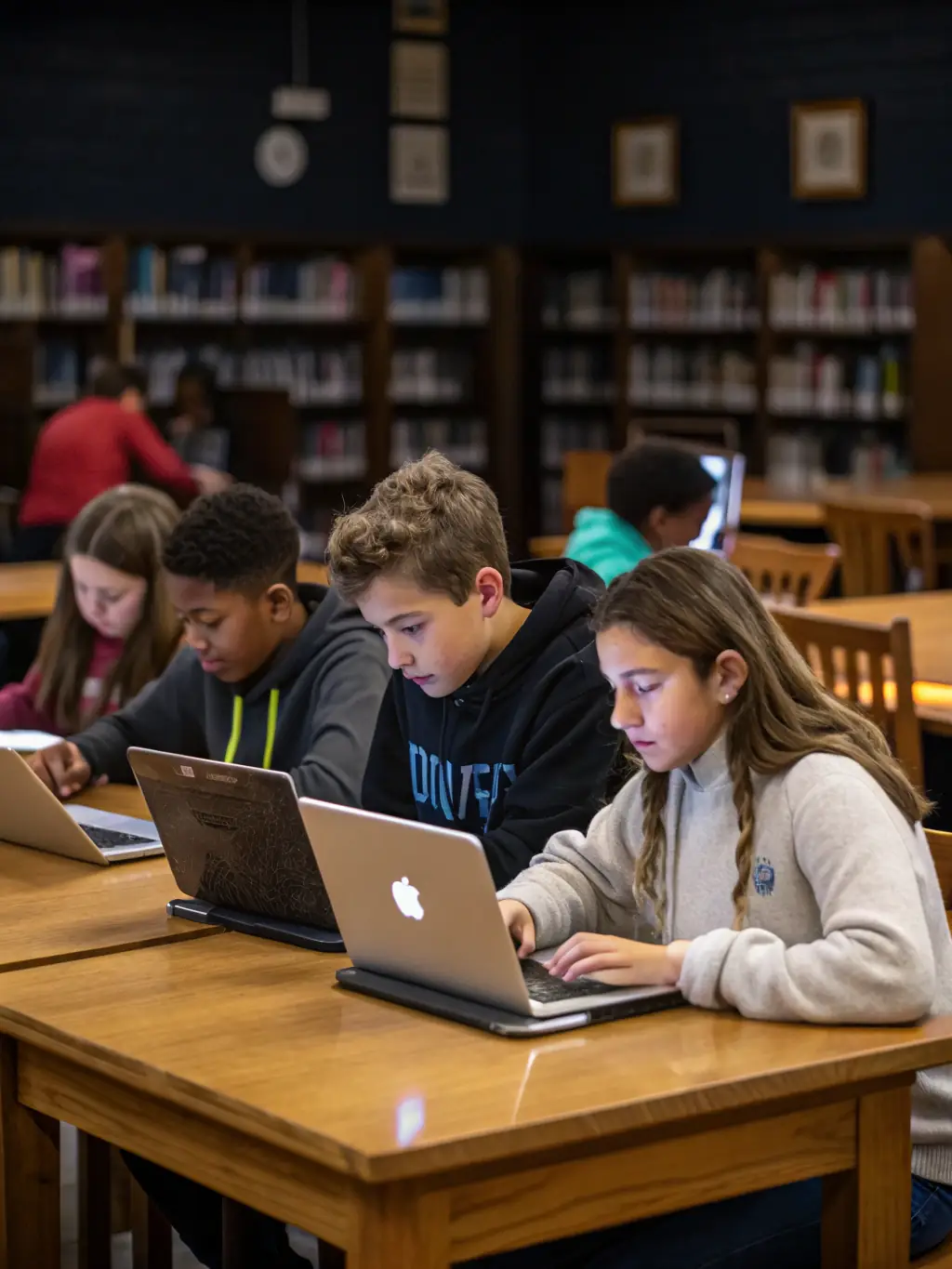 Teenagers working together on a project in the library's dedicated teen zone, surrounded by computers and study materials.