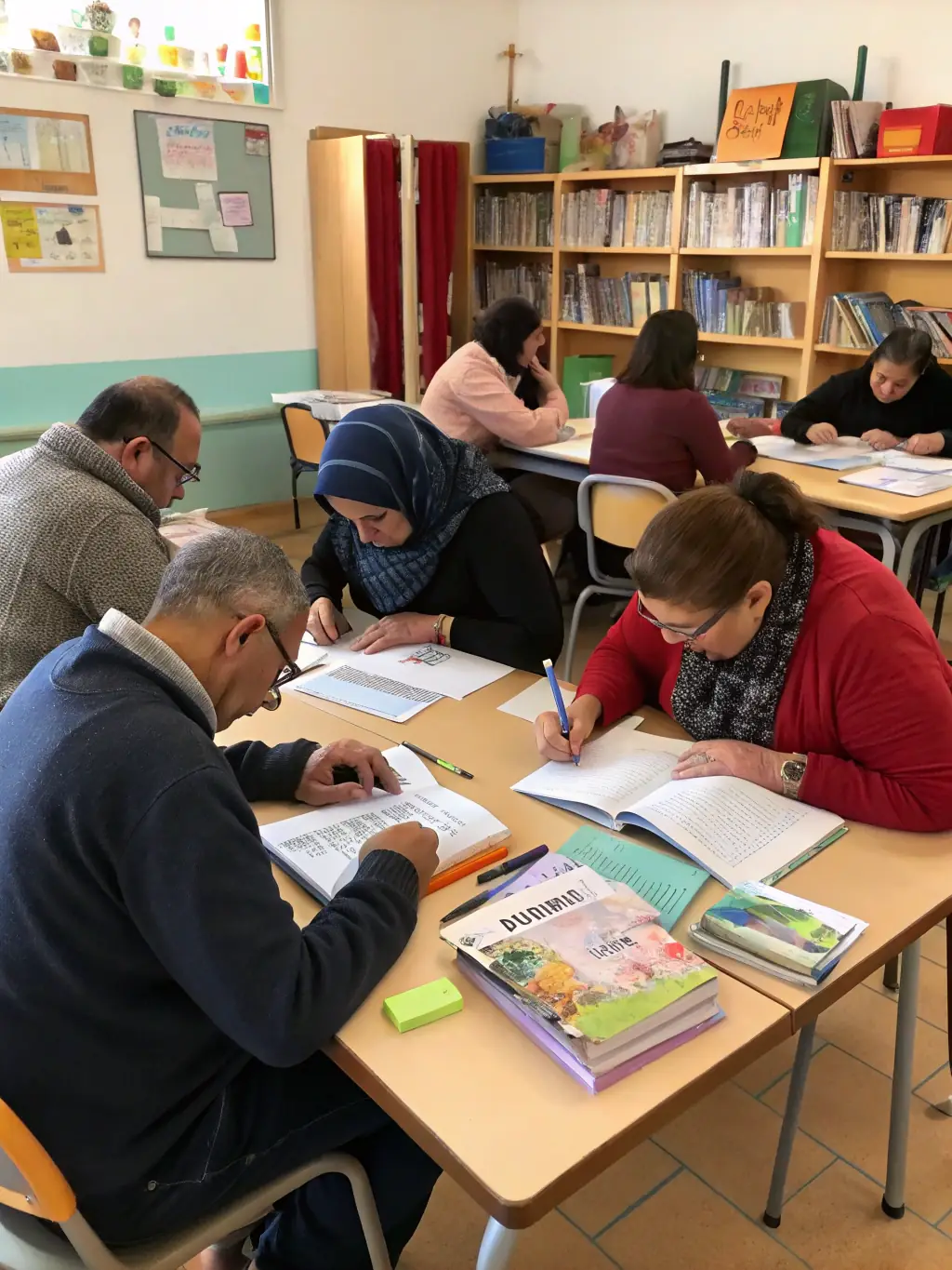 Adults attending a workshop on digital literacy at the library, learning how to use computers and online resources.