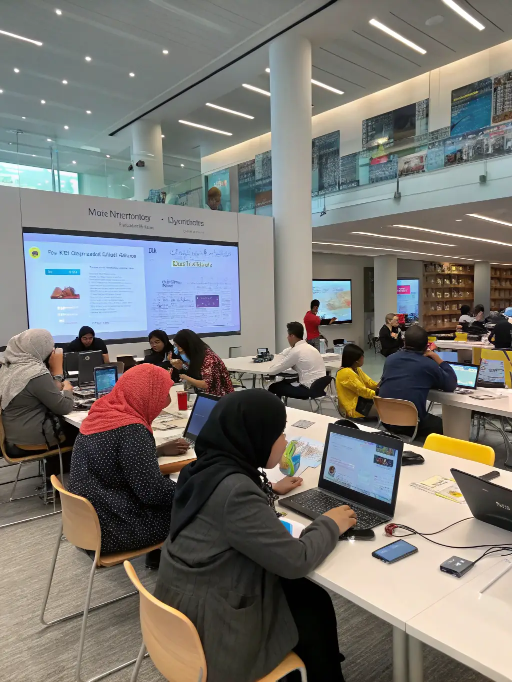 A photo of adults attending a computer literacy workshop at the Cozes library, focusing on basic internet skills and online safety.