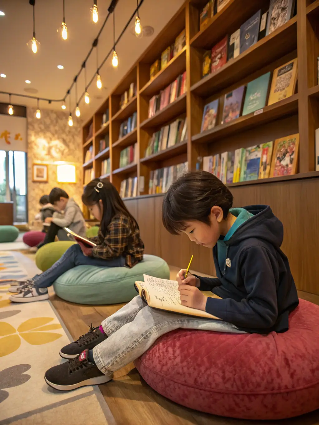 A group of children participating in a storytelling session at the library, with a librarian reading aloud from a colorful picture book.