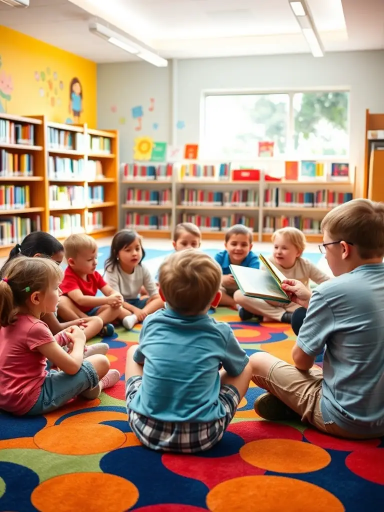 A brightly lit photo of children participating in a story time session at the Cozes library, with a librarian reading aloud from a colorful picture book.